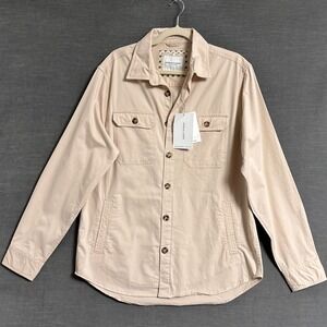 NEW Denim Flower Shacket L Tan Beige Shirt Jacket Outerwear Casual Pockets Twill